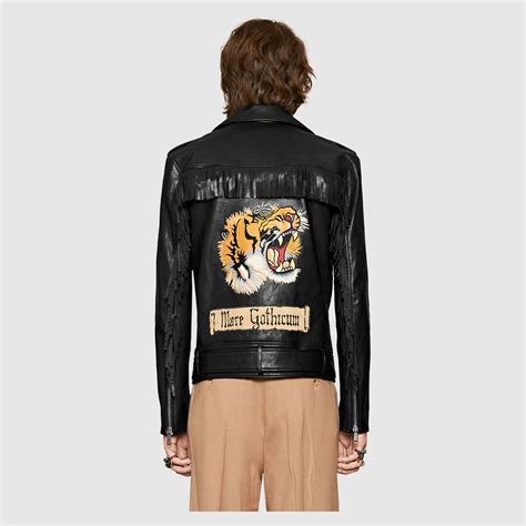 tiger-embroidered fringed black leather jacket by gucci|Gucci tiger.